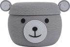 Grey teddy bear cotton rope storage basket with lid, 15x12 inch