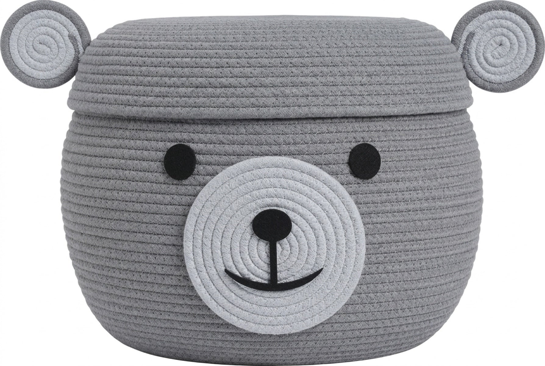 Grey teddy bear cotton rope storage basket with lid, 15x12 inch