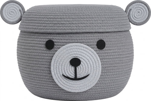Grey teddy bear cotton rope storage basket with lid, 15x12 inch