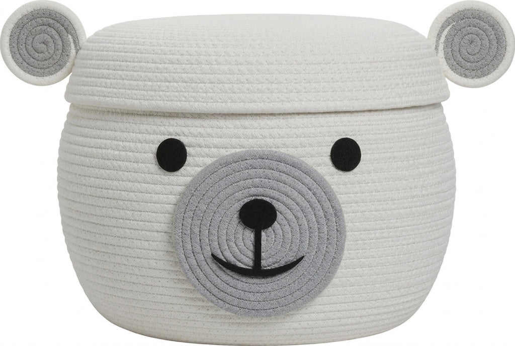 White teddy bear cotton rope storage basket with lid, 15x12 inch