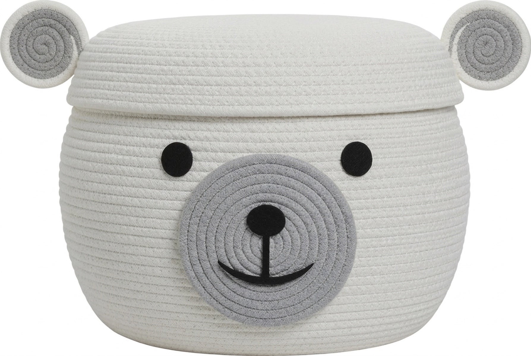 White teddy bear cotton rope storage basket with lid, 15x12 inch
