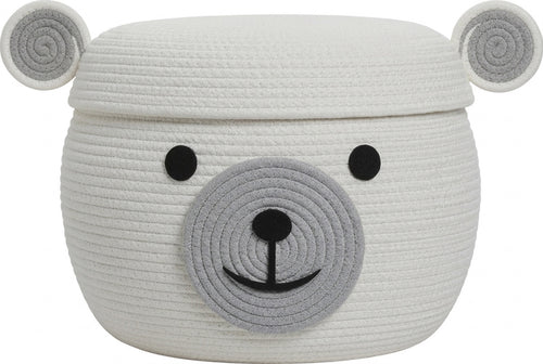 White teddy bear cotton rope storage basket with lid, 15x12 inch
