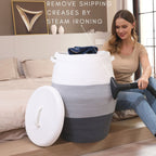 26" x 20" Large Tall Cotton Rope Storage Basket with Lid, Grey/Dark Grey