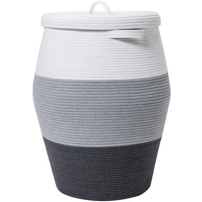 26" x 20" Large Tall Cotton Rope Storage Basket with Lid, Grey/Dark Grey