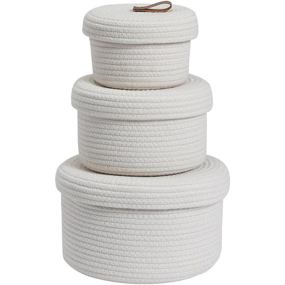 Set of 3 Round Cotton Rope Baskets with Lids - for Home Decor and Organisation, Off White