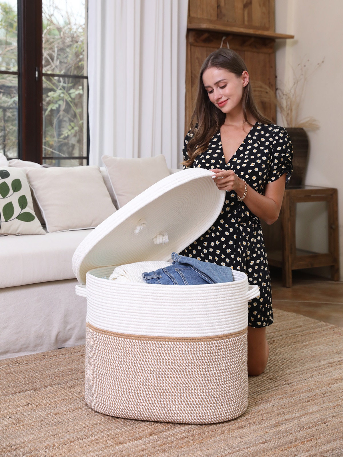 22”x14”x18” Rectangular Extra Large Storage Basket with Lid, Cotton Rope Storage Baskets, Woven Laundry Hamper, White/Camel Mix with Cover