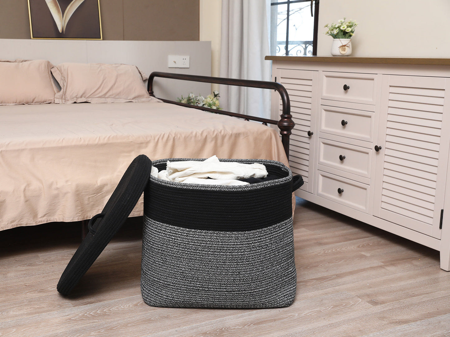 22”x14”x18” Rectangular Large Cotton Rope Storage Basket with Lid, Black in Black Grey Mix