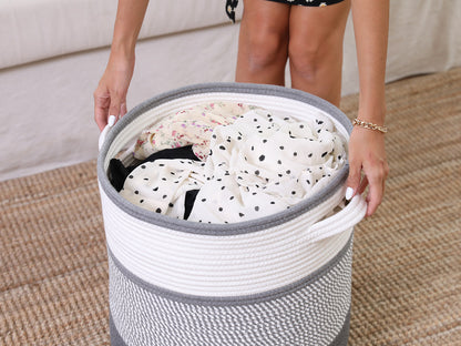 16" x 16" x 18" Large Cotton Rope Storage Basket with Lid, Grey Mix/Dark Grey