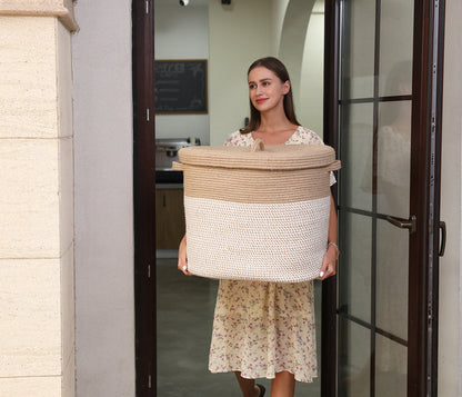 22”x14”x18” Rectangular Extra Large Storage Basket with Lid, Cotton Rope Storage Baskets, Woven Laundry Hamper, Jute/White Mix with Cover