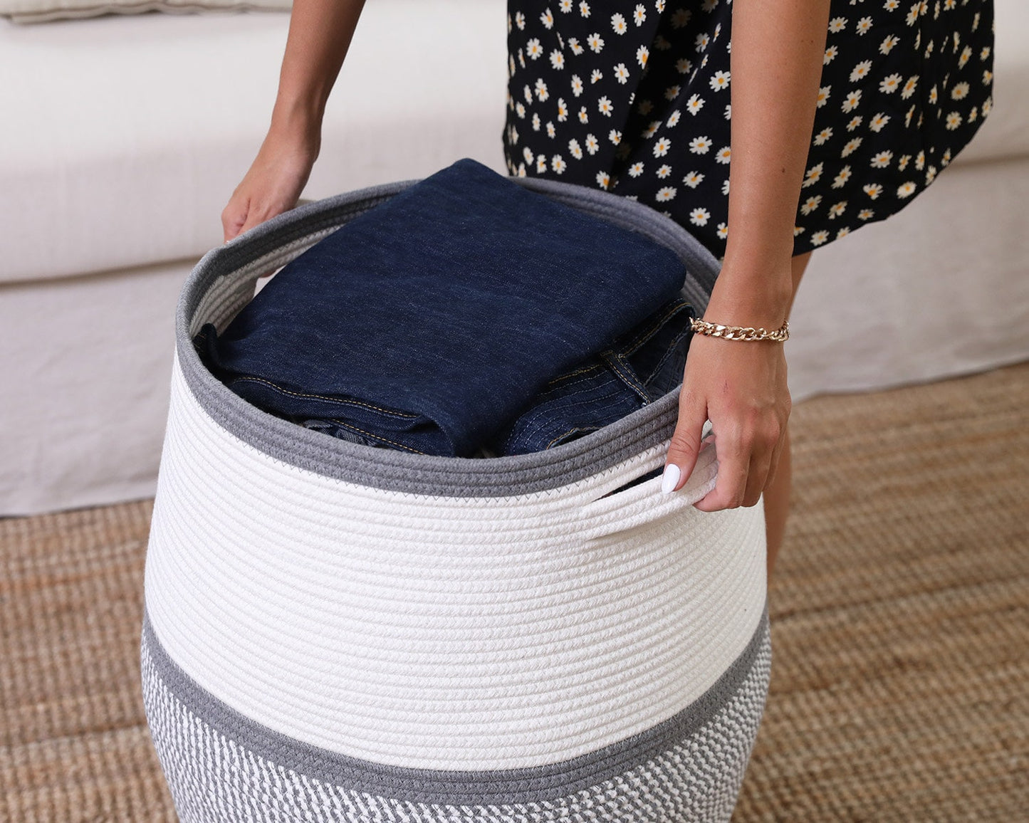 26" x 20" Large Tall Cotton Rope Storage Basket with Lid, White/Grey Mix/Dark Grey