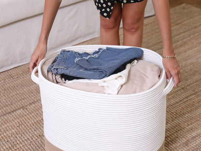 22”x14”x18” Rectangular Large Cotton Rope Storage Basket with Lid, White/Jute Bottom