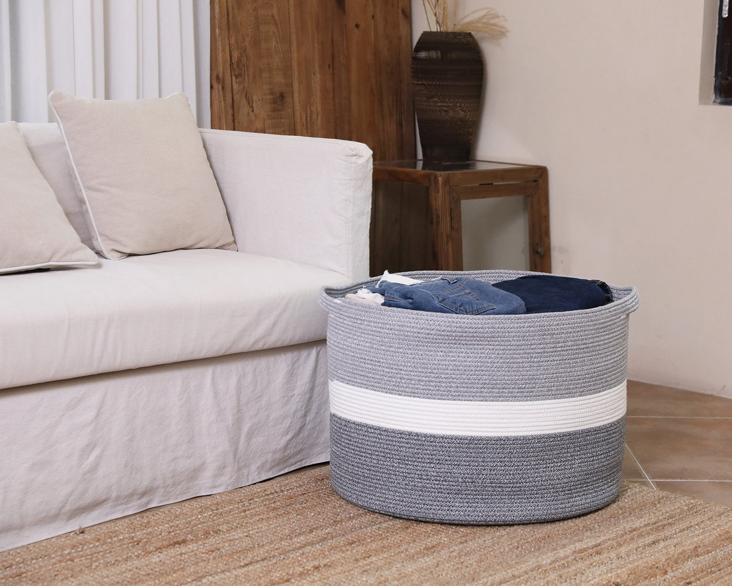 24" x 24" x 17" Mega Size Cotton Rope Storage Basket, Dual Grey