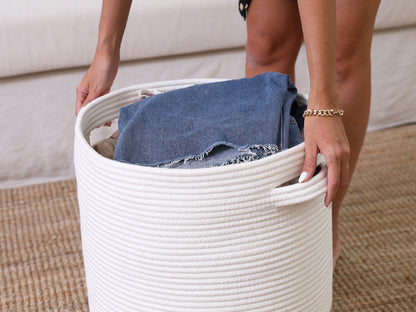 16" x 16" x 18" Large Cotton Rope Storage Basket with Lid, White/Jute Bottom