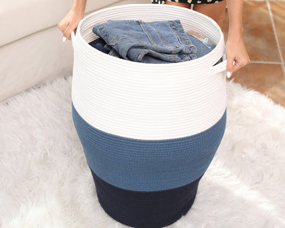 26" x 20" Large Tall Cotton Rope Storage Basket with Lid, Dark Blue/Deep Blue