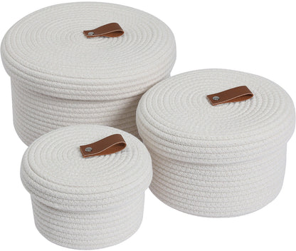 Set of 3 Round Cotton Rope Baskets with Lids - for Home Decor and Organisation, Off White