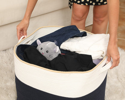 22”x14”x18” Rectangular Large Cotton Rope Storage Basket with Lid, Dark Blue/Beige Line