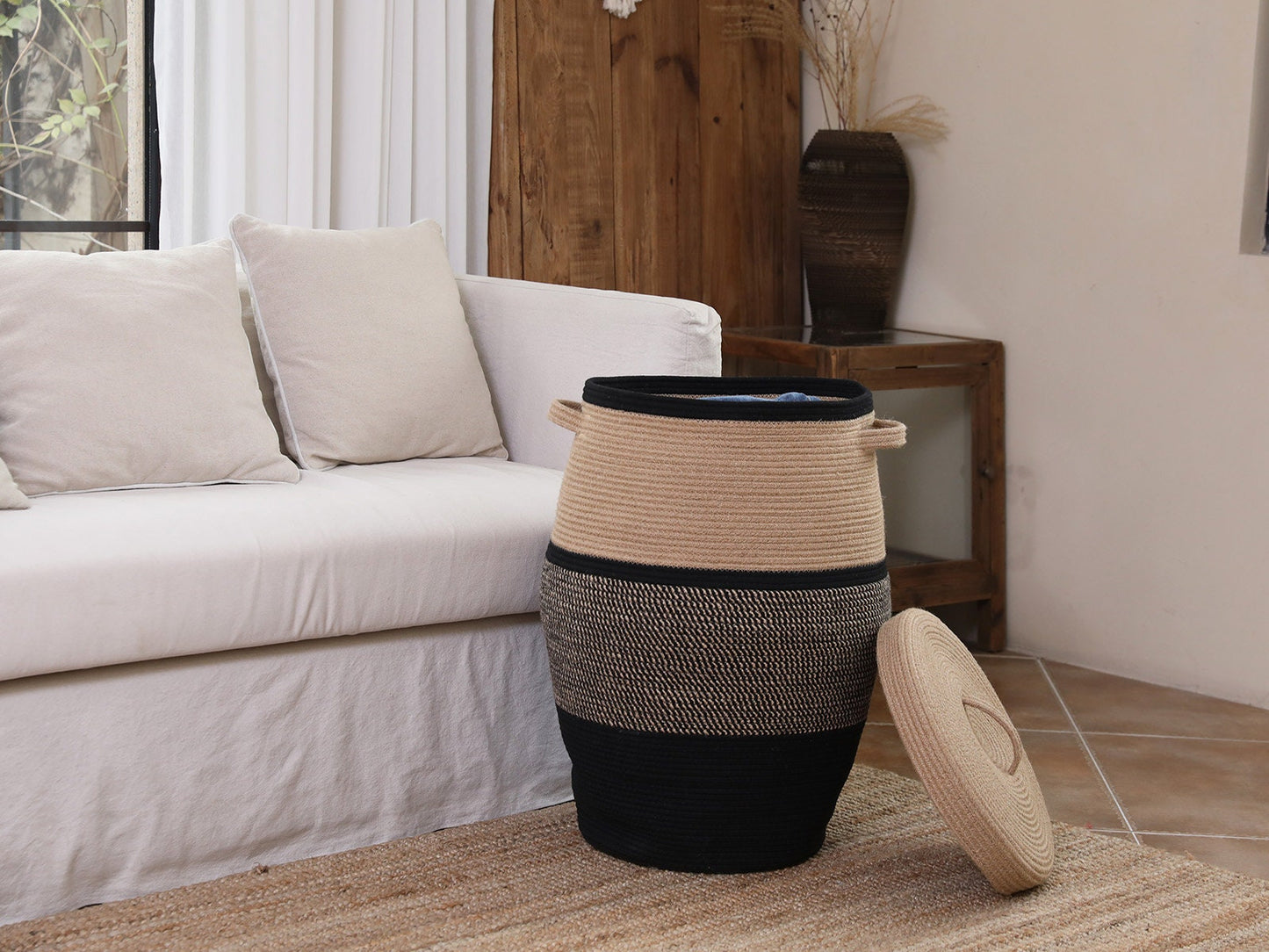 26" x 20" Large Tall Flagon Cotton Rope Storage Basket with Lid, Jute/Black Mix/Black