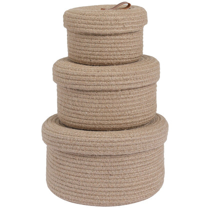 Set of 3 Round Cotton Rope Baskets with Lids - for Home Decor and Organisation, Jute