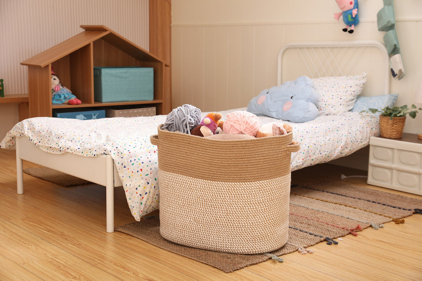 22”x14”x18” Rectangular Extra Large Storage Basket with Lid, Cotton Rope Storage Baskets, Woven Laundry Hamper, Jute/White Mix with Cover