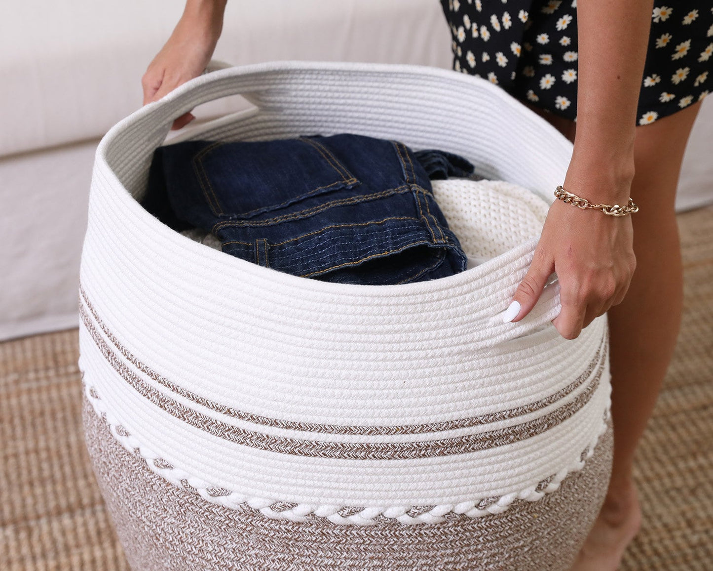 26" x 20" Large Tall Flagon Cotton Rope Storage Basket with Lid, Deep Camel White Mix