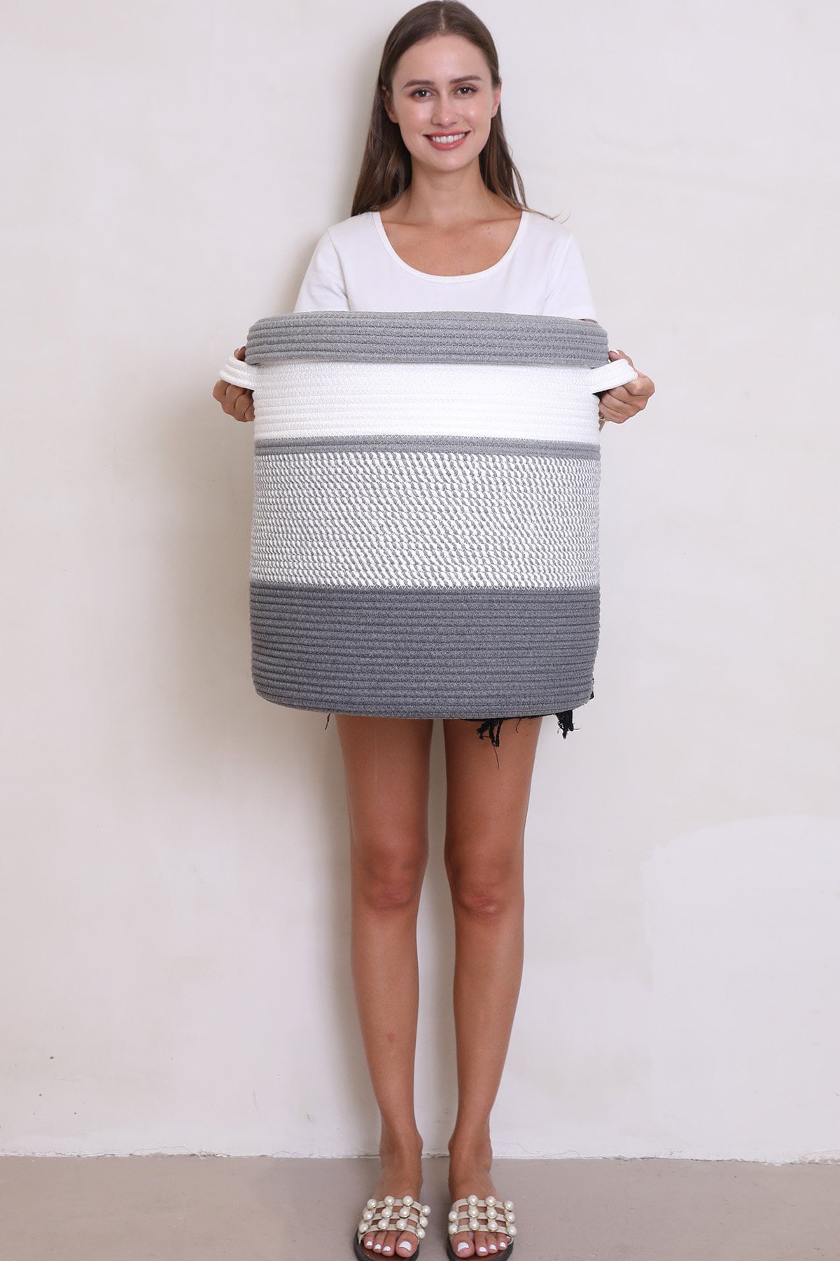 16" x 16" x 18" Large Cotton Rope Storage Basket with Lid, Grey Mix/Dark Grey