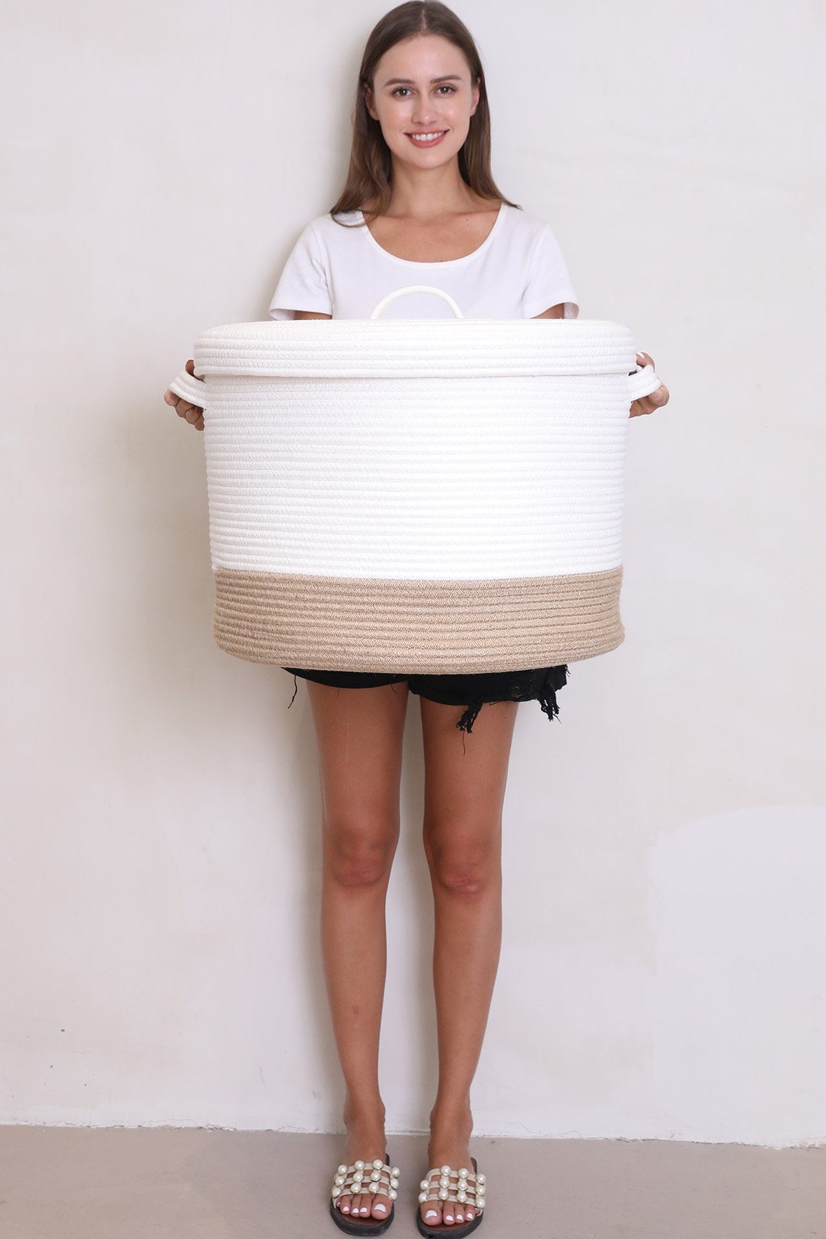 20" x 20" x 15" Large Jute Cotton Rope Storage Basket with Lid, White/Jute Bottom