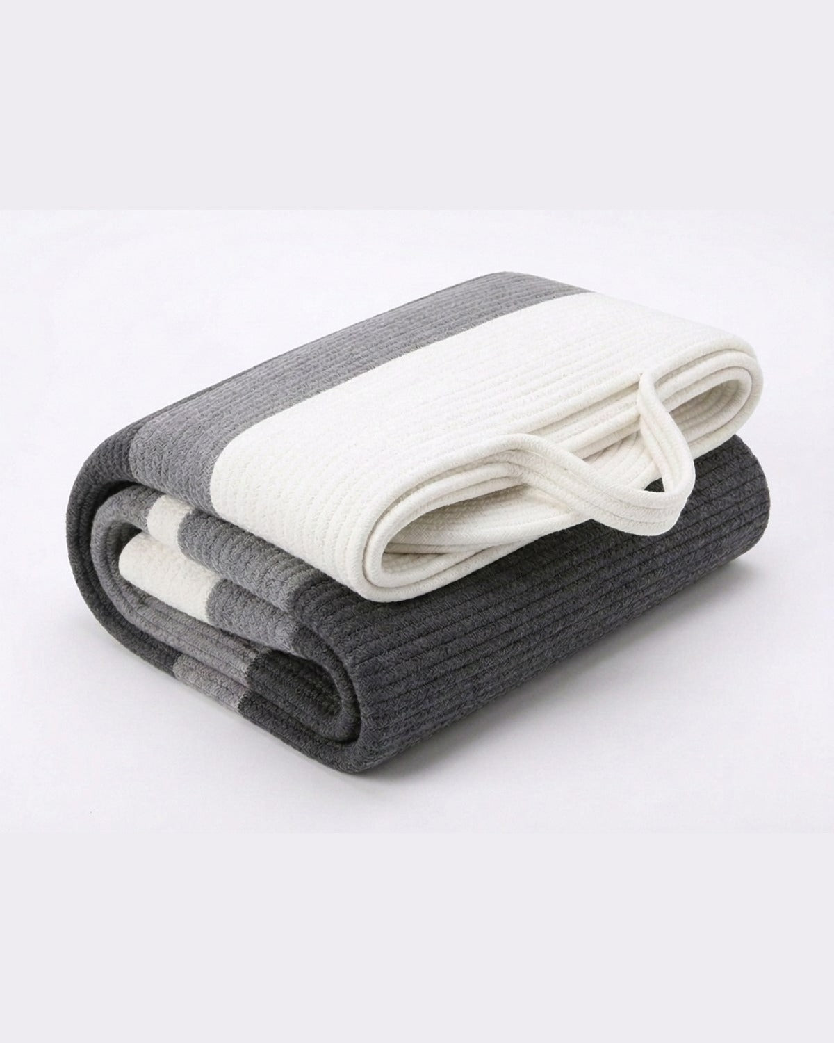 A cotton rope basket folded flat for shipping