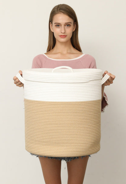 16" x 16" x 18" Large Cotton Rope Storage Basket with Lid, Beige