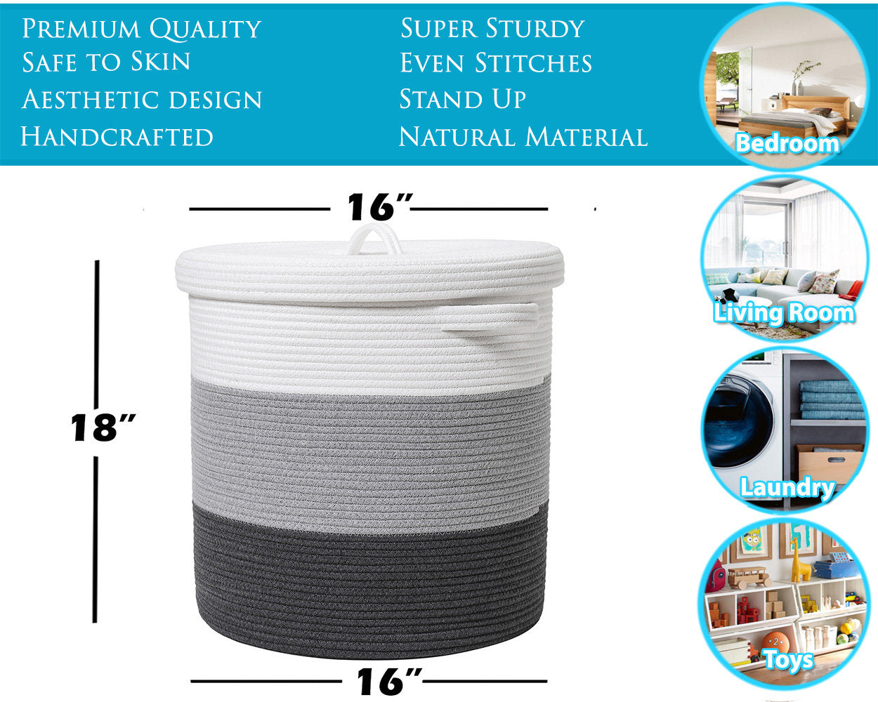 16" x 16" x 18" Large Cotton Rope Storage Basket with Lid, Grey/Dark Grey with Cover