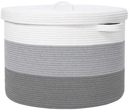 20" x 20" x 15" Large Cotton Rope Storage Basket with Lid, Light Grey/Grey