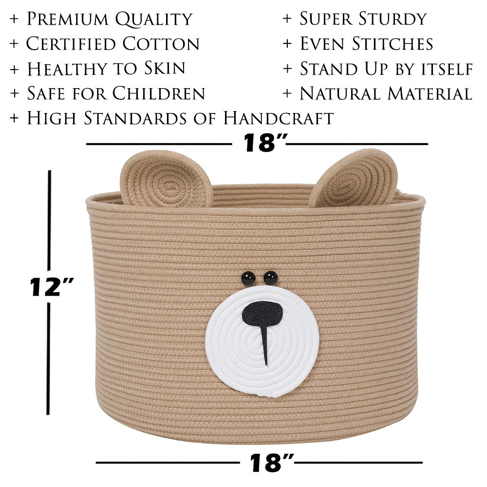 18" x 12" Bear Basket, Animal Basket, Cotton Rope Basket, Storage Basket, Toy Storage Bin, for Kids Toys Clothes in Bedroom, Baby Nursery, Beige Bear