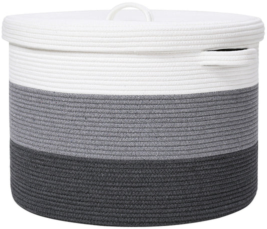 20" x 20" x 15" Large Cotton Rope Storage Basket with Lid, Grey/Dark Grey