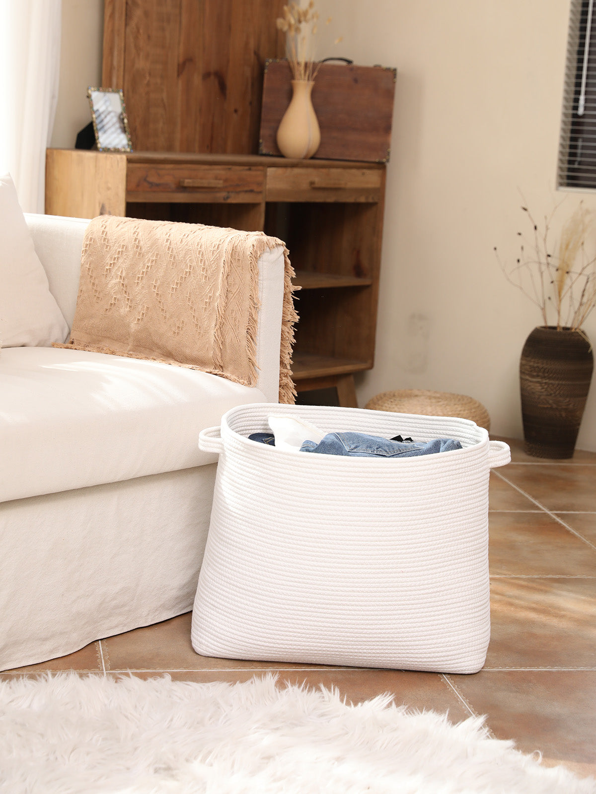 20" x 12" x 16" Rectangular Large Cotton Rope Storage Basket, All White