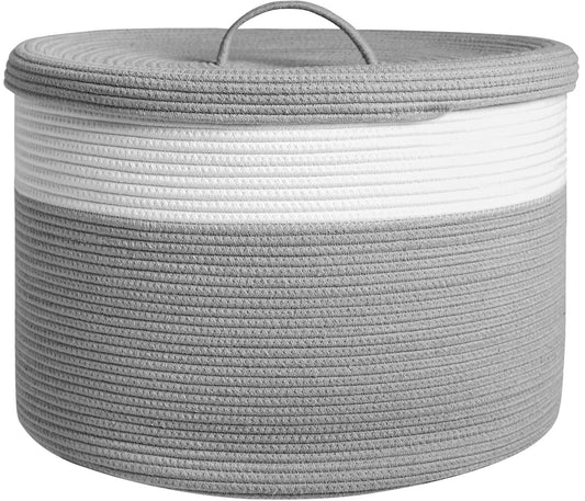 20" x 20" x 15" Extra Large Storage Basket with Lid, Cotton Rope Storage Baskets, Laundry Hamper, Toy Bin, Large Basket Grey with Grey Cover