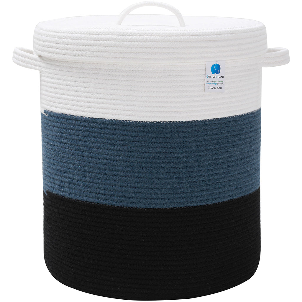 16" x 16" x 18" Large Cotton Rope Storage Basket with Lid, Dark Blue/Deep Blue