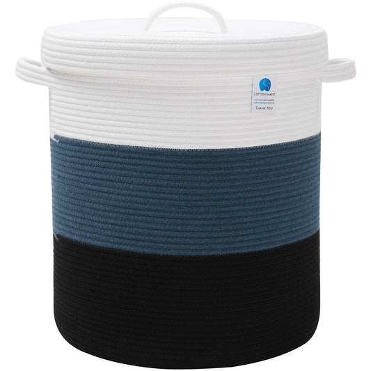 16" x 16" x 18" Large Cotton Rope Storage Basket with Lid, Dark Blue