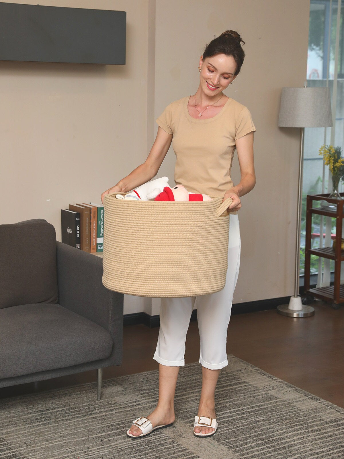 20" x 20" x 15" Extra Large Storage Basket with Lid, Cotton Rope Storage Baskets, Laundry Hamper, Toy Bin, All Beige Basket with Cover