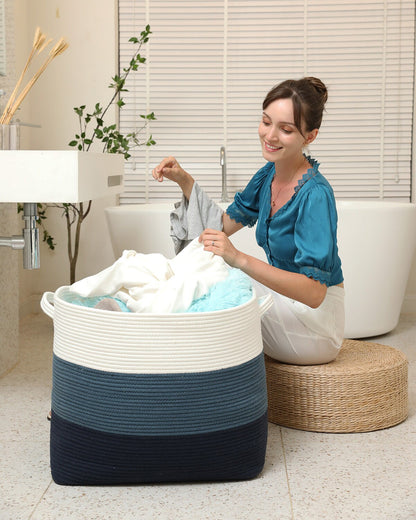 22" x 14" x 18" Rectangular Extra Large Storage Basket, Cotton Rope Storage Baskets, Woven Laundry Hamper, for Clothes, Dark Blue/Deep Blue