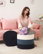 20" x 20" x 15" Large Cotton Rope Storage Basket with Lid, Dark Blue/Deep Blue