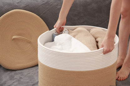 20" x 20" x 15" Large Cotton Rope Storage Basket with Lid, Beige