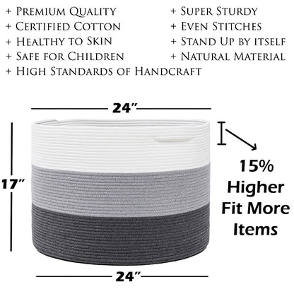 24" x 24" x 17" Mega Size Cotton Rope Storage Basket, Grey/Dark Grey