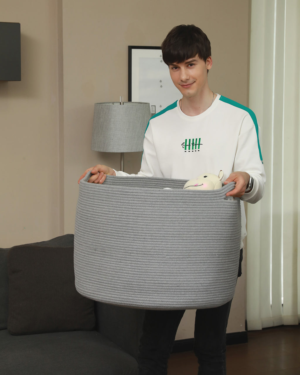 24" x 24" x 17" Mega Size Cotton Rope Storage Basket, All Grey