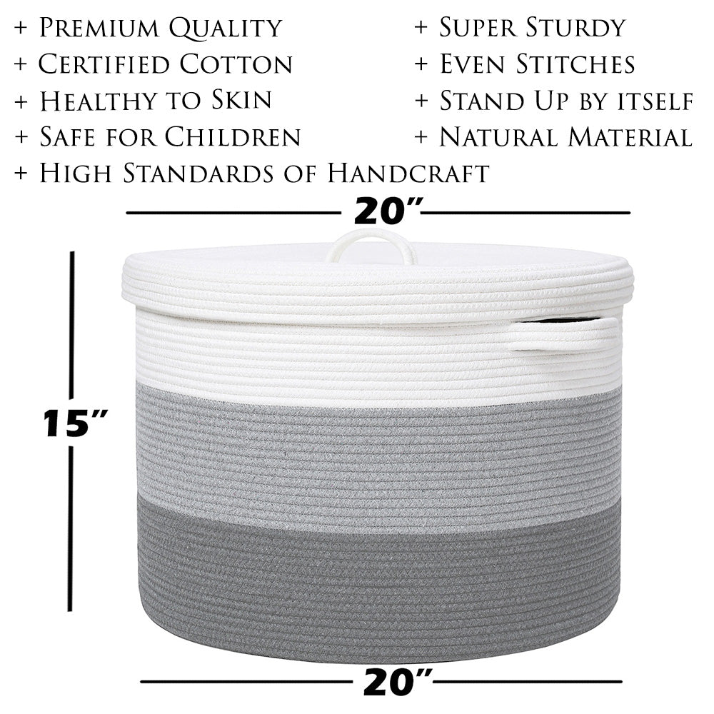 20" x 20" x 15" Large Cotton Rope Storage Basket with Lid, Light Grey/Grey