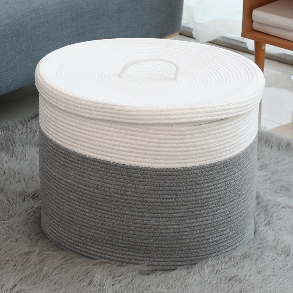 20" x 20" x 15" Large Cotton Rope Storage Basket with Lid, Grey