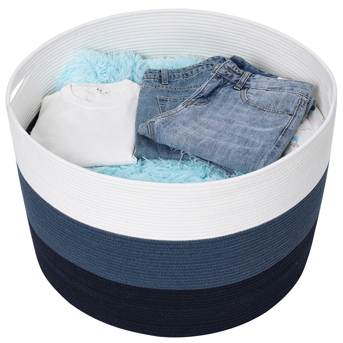 24" x 24" x 17" Mega Size Cotton Rope Storage Basket, Blue/Deep Blue