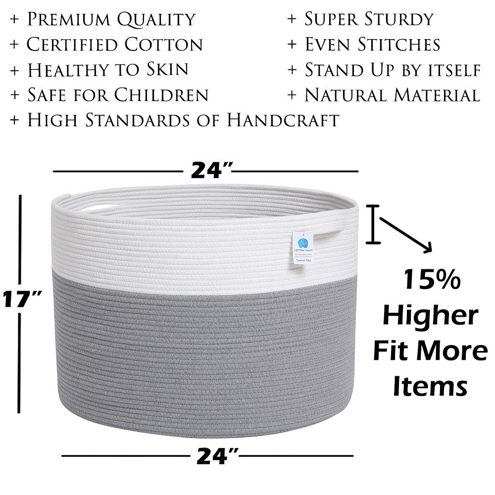 24" x 24" x 17" Mega Size Extra Large Storage Basket, Cotton Rope Storage Basket, Woven Laundry Hamper, for Toys Blankets, Grey