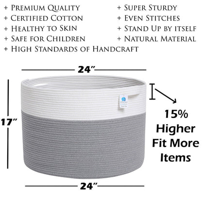 24" x 24" x 17" Mega Size Extra Large Storage Basket, Cotton Rope Storage Basket, Woven Laundry Hamper, for Toys Blankets, Grey