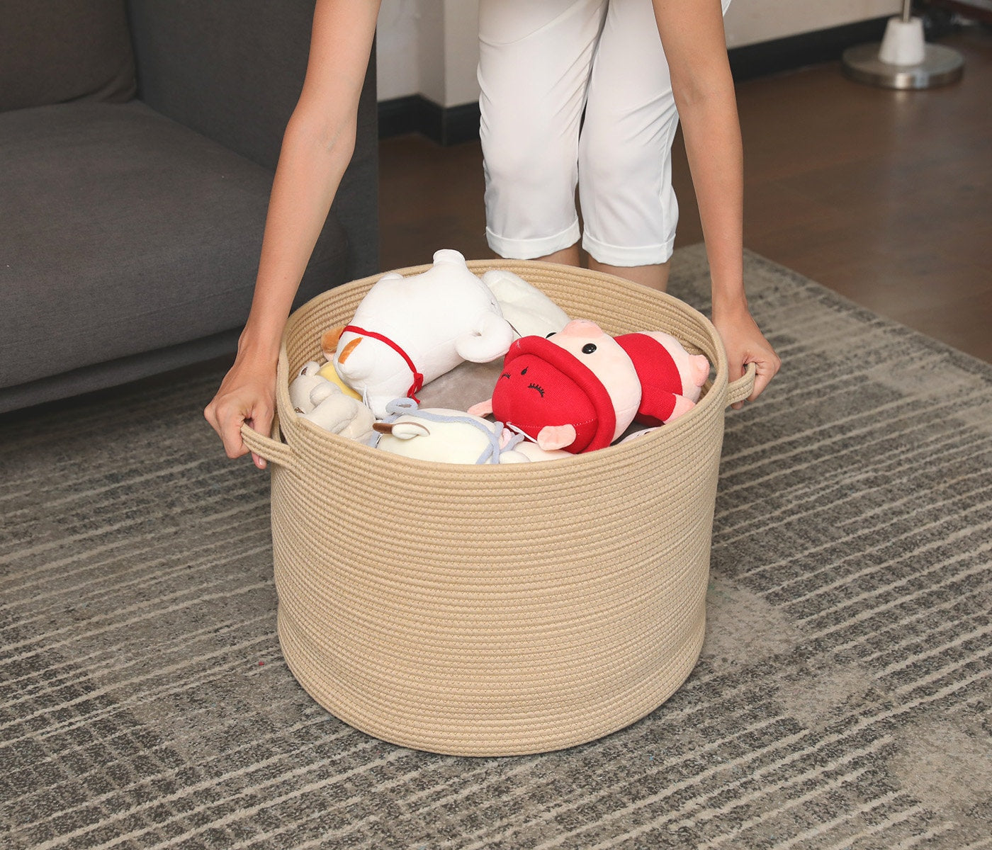 20" x 20" x 15" Extra Large Storage Basket with Lid, Cotton Rope Storage Baskets, Laundry Hamper, Toy Bin, All Beige Basket with Cover