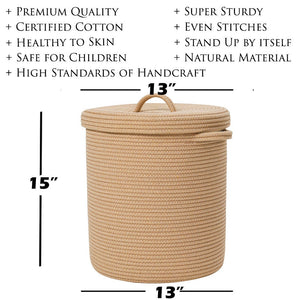 13" x 13" x 15" Extra Large Storage Basket with Lid, Cotton Rope Storage Baskets, Laundry Hamper, Toy Bin, Big Basket Full Beige with Cover