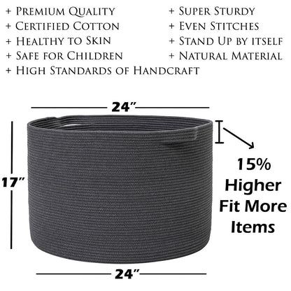 24" x 24" x 17" Mega Size Cotton Rope Storage Basket, Dark Grey